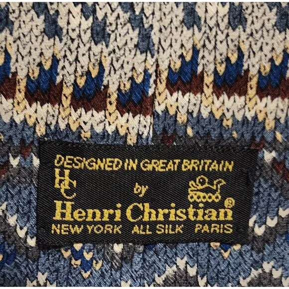 Henri Christian New York Paris Mens All Silk Tie Fair Isle Beige Blue 4" x 62" - Picture 4 of 4